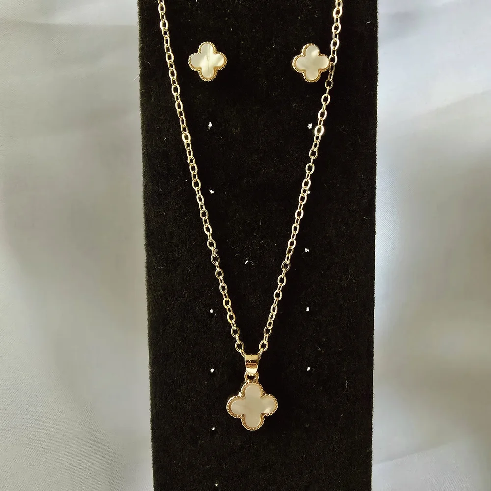 Fashion Jewelry Gold-Tone Necklace and Studs‎ with White Mother-of-Pearl Clover
